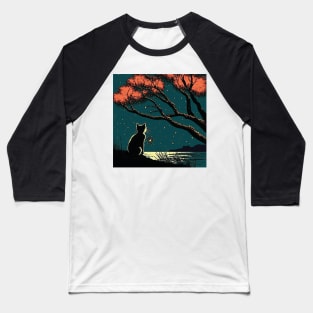 Black Cat Sitting by a Lake on a Starry Night Baseball T-Shirt